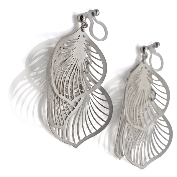 Dangle silver three leaf filigree invisible clip on earrings - Miyabi Grace