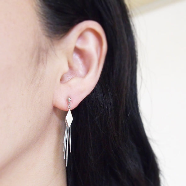 Silver diamond shape fringe invisible clip on earrings - Miyabi Grace