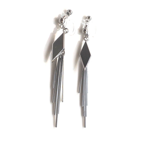 Silver diamond shape fringe invisible clip on earrings - Miyabi Grace