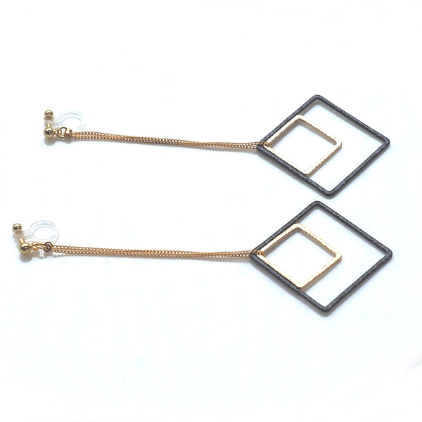 Long gold and black square metal invisible clip on earrings - Miyabi Grace