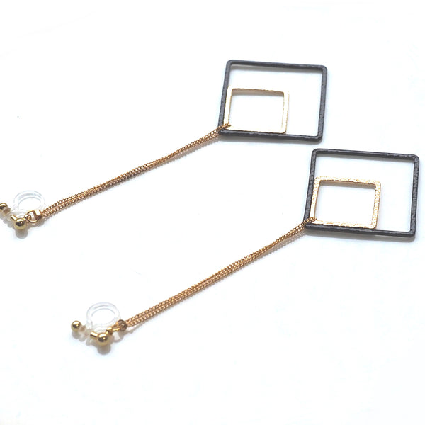 Long gold and black square metal invisible clip on earrings - Miyabi Grace