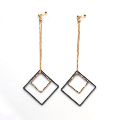 Long gold and black square metal invisible clip on earrings - Miyabi Grace