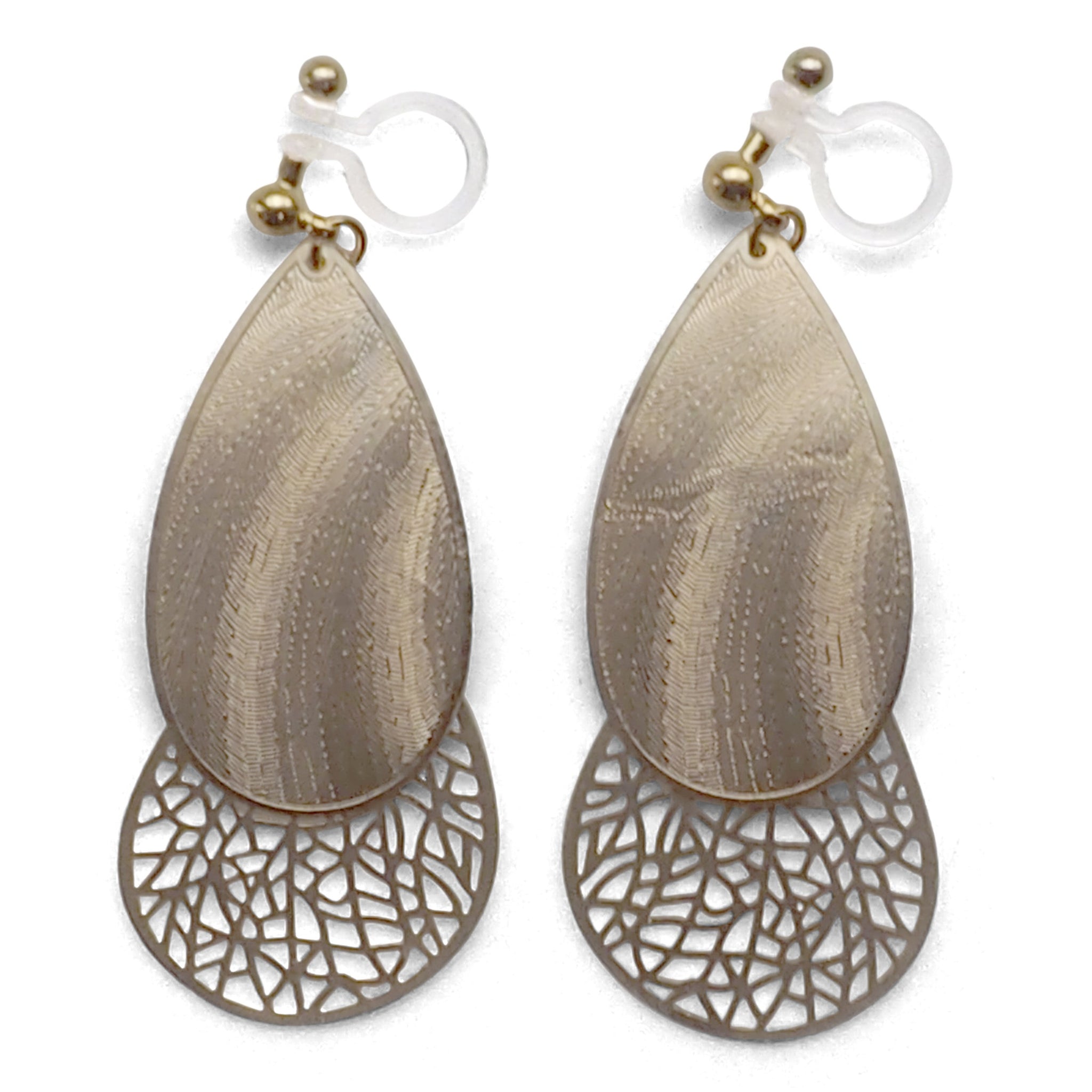 Textured gold metal and teardrop filigree invisible clip on earrings - Miyabi Grace
