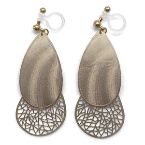 Textured gold metal and teardrop filigree invisible clip on earrings - Miyabi Grace