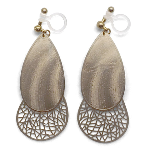 Textured gold metal and teardrop filigree invisible clip on earrings - Miyabi Grace