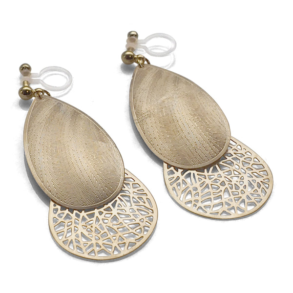 Textured gold metal and teardrop filigree invisible clip on earrings - Miyabi Grace
