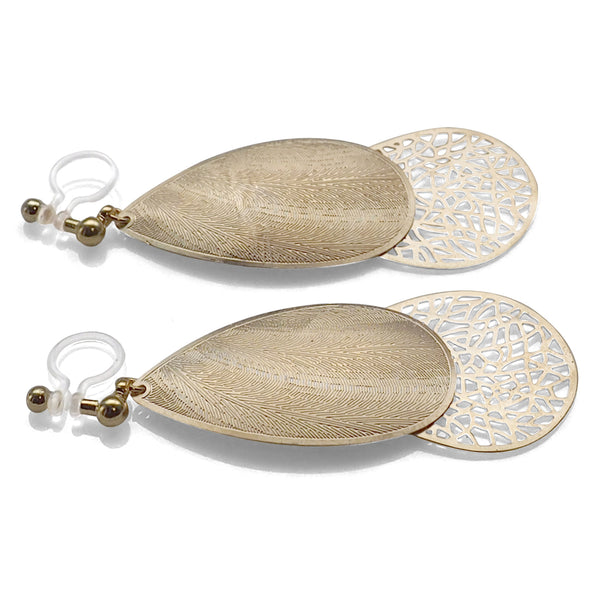 Textured gold metal and teardrop filigree invisible clip on earrings - Miyabi Grace