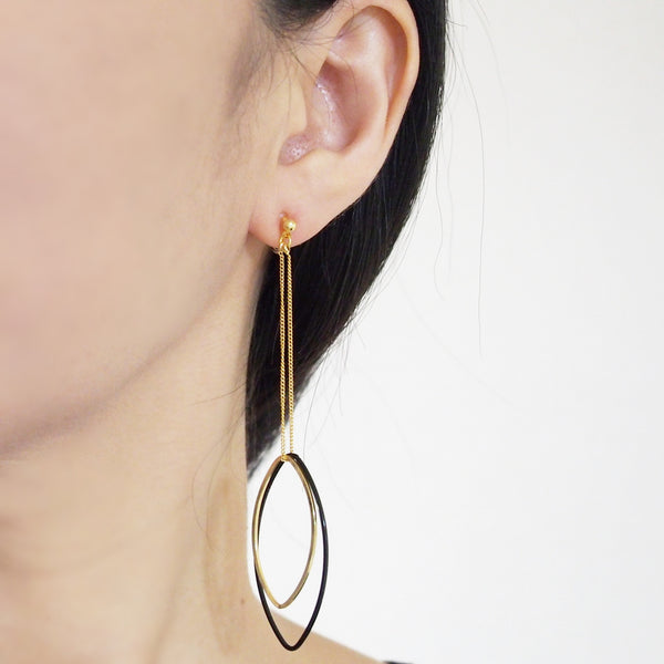 Long gold and black oval hoop invisible clip on earrings - Miyabi Grace