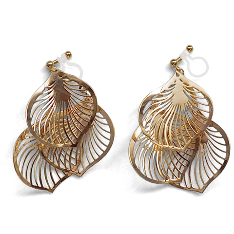 Dangle gold three leaf filigree invisible clip on earrings - Miyabi Grace