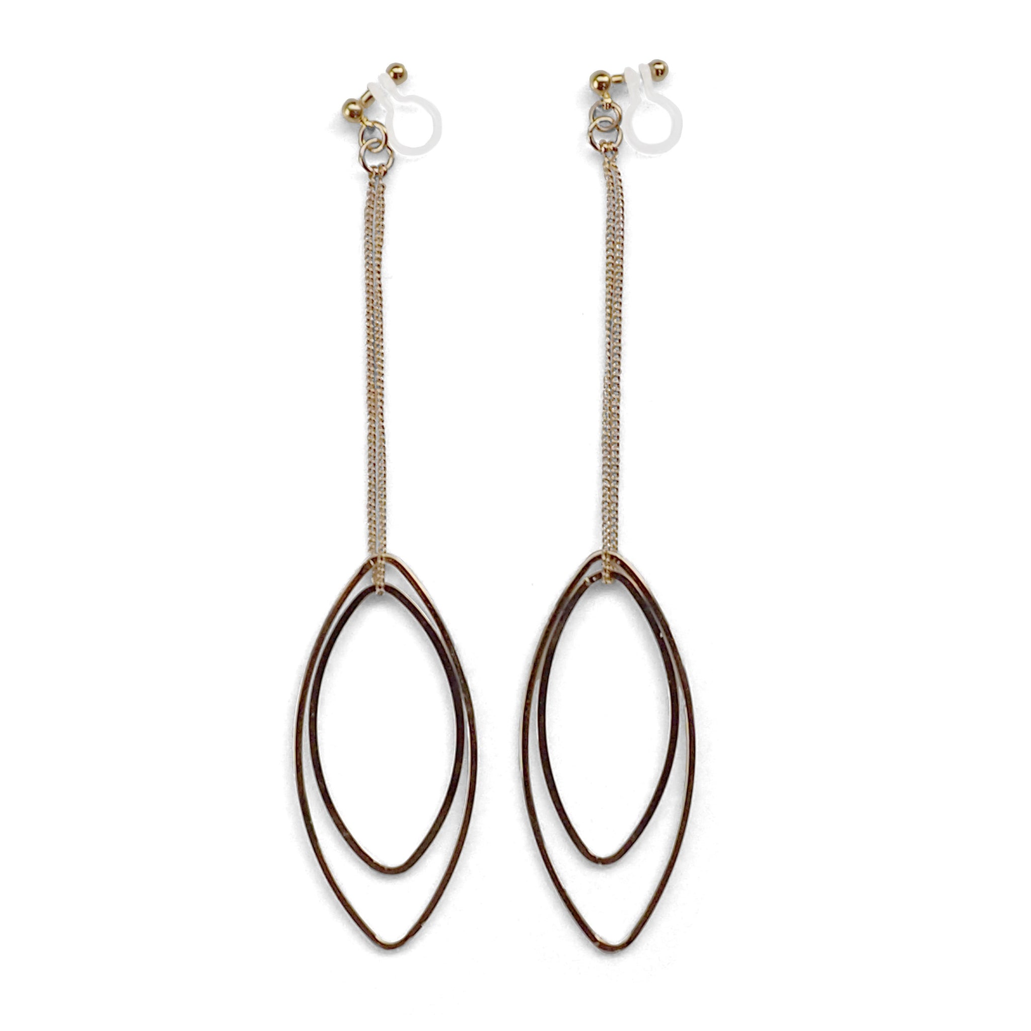 Dangle gold double oval hoop invisible clip on earrings - Miyabi Grace