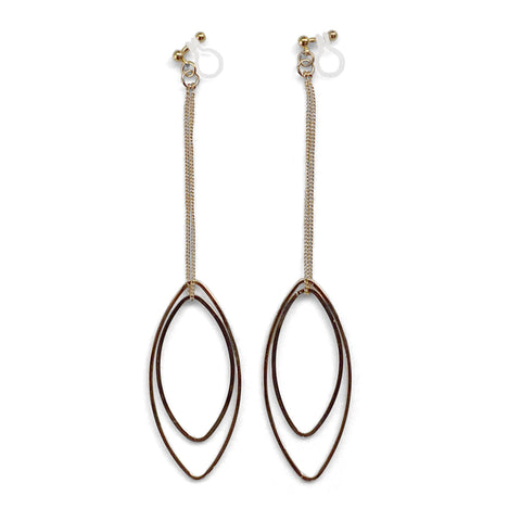 Dangle gold double oval hoop invisible clip on earrings - Miyabi Grace