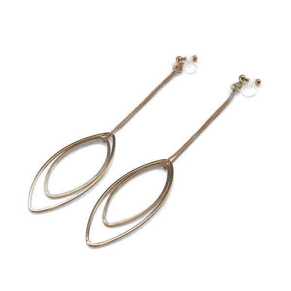 Dangle gold double oval hoop invisible clip on earrings - Miyabi Grace