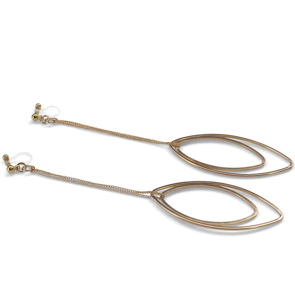 Dangle gold double oval hoop invisible clip on earrings - Miyabi Grace