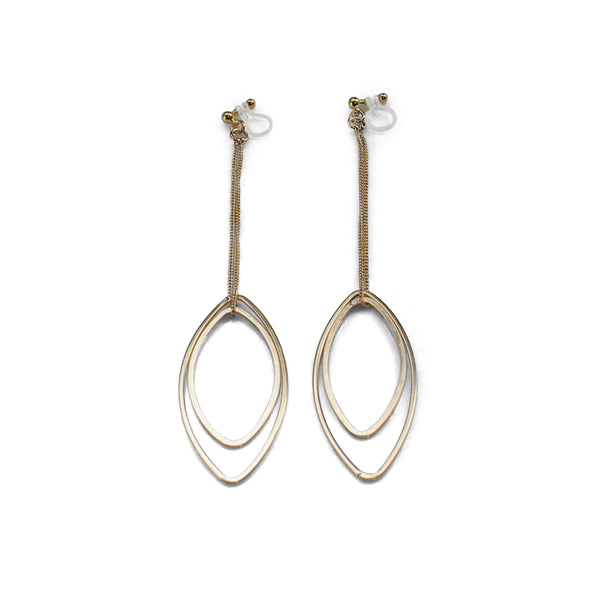 Dangle gold double oval hoop invisible clip on earrings - Miyabi Grace