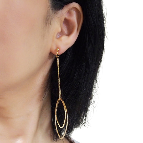 Dangle gold double oval hoop invisible clip on earrings - Miyabi Grace