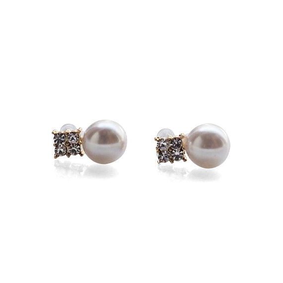 White Pearl and Rhinestone Invisible Clip On Stud Earrings (Gold tone) - Miyabi Grace