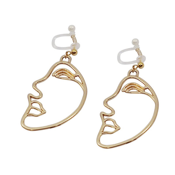 Gold Picasso Face Side Invisible Clip On Earrings - Miyabi Grace