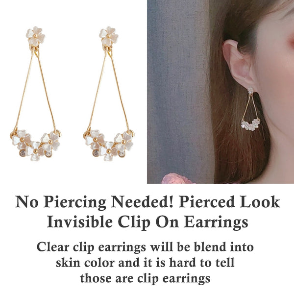 Dangle White Flower Invisible Clip On Earrings