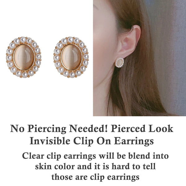Vintage Style White Pearl Gold Crystal Rhinestone Invisible Clip On Stud Earrings