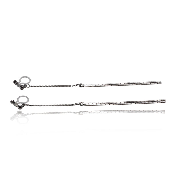 Metallic silver chain threader invisible clip on earrings - Miyabi Grace