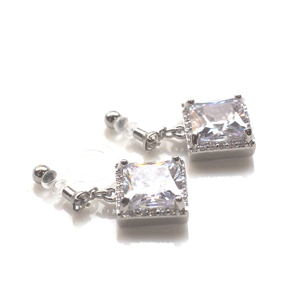 Bridal square cubic zirconia invisible clip on earrings ( silver tone ) - Miyabi Grace