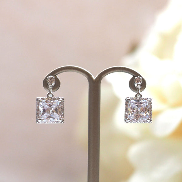 Bridal square cubic zirconia invisible clip on earrings ( silver tone ) - Miyabi Grace