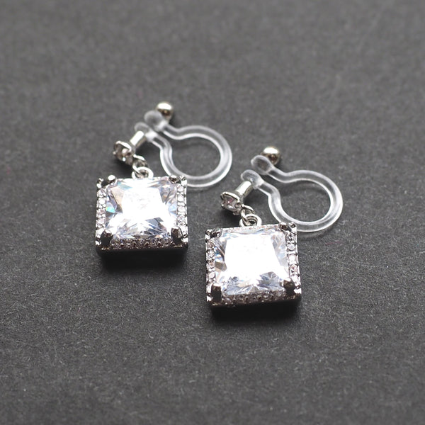 Bridal square cubic zirconia invisible clip on earrings ( silver tone ) - Miyabi Grace