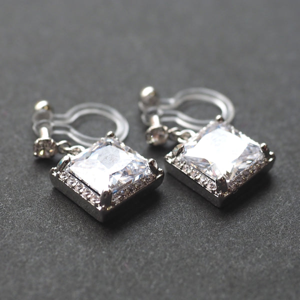 Bridal square cubic zirconia invisible clip on earrings ( silver tone ) - Miyabi Grace