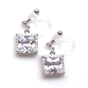 Bridal square cubic zirconia invisible clip on earrings ( silver tone ) - Miyabi Grace